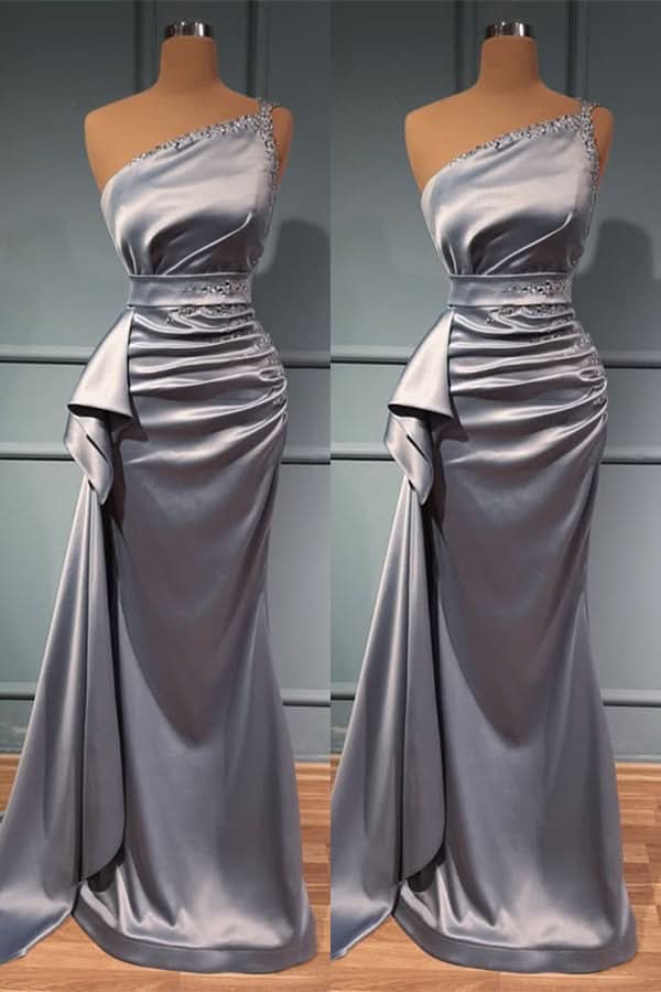 Shiny Silver One Shoulder Prom Dress with Belts Online BM bride