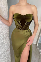 Olive Green Strapless Mermaid Evening Dress with Split BM bride