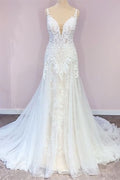 Stunning Spaghetti-Straps A-Line Wedding Dress With Sweetheart Neckline Appliques Lace BM bride