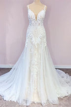 Stunning Spaghetti-Straps A-Line Wedding Dress With Sweetheart Neckline Appliques Lace BM bride