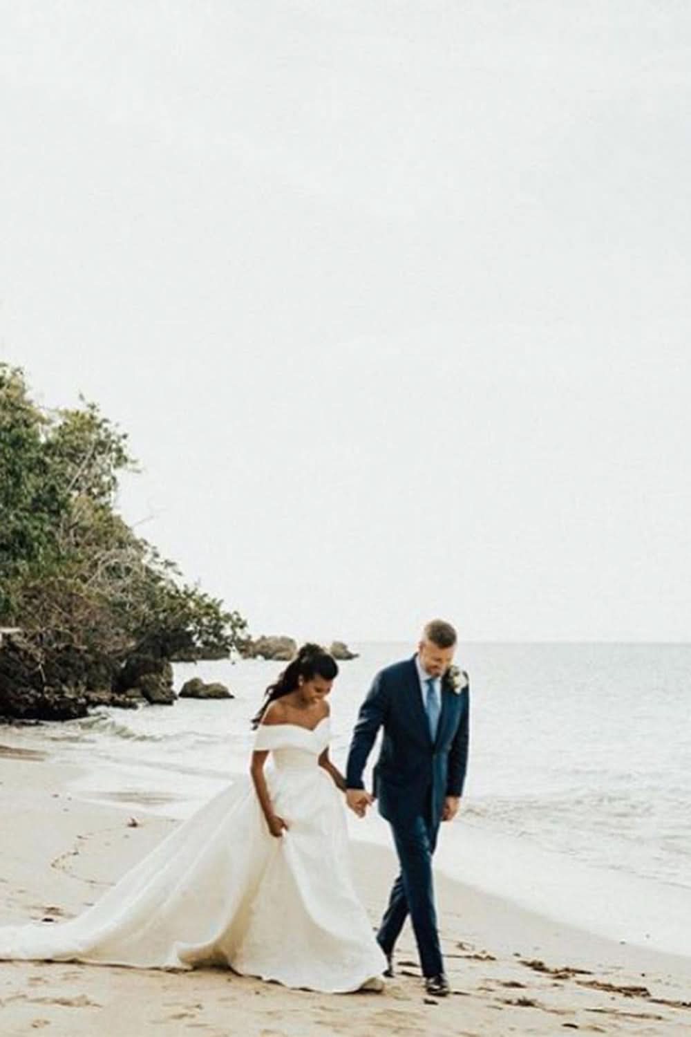 White V-Neck Off-the-Shoulder Ball Gown Wedding Dress with Lace BM bride