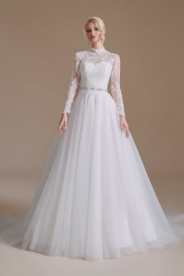 Modest A-Line High Neck Long Sleeve Wedding Dress with Tulle Lace BM bride