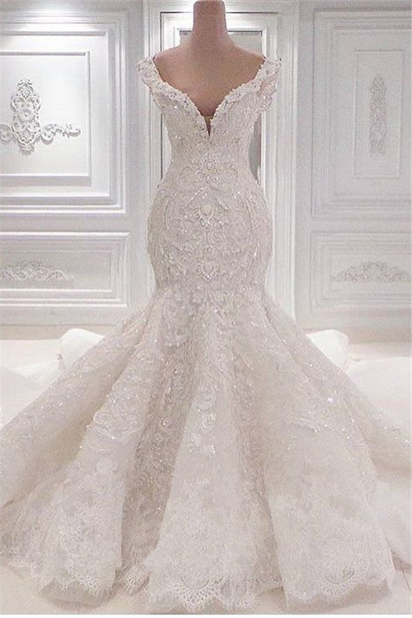 V-neck Appliques Lace Ruffles Floor-length Mermaid Wedding Dress with Elegant Design BM bride