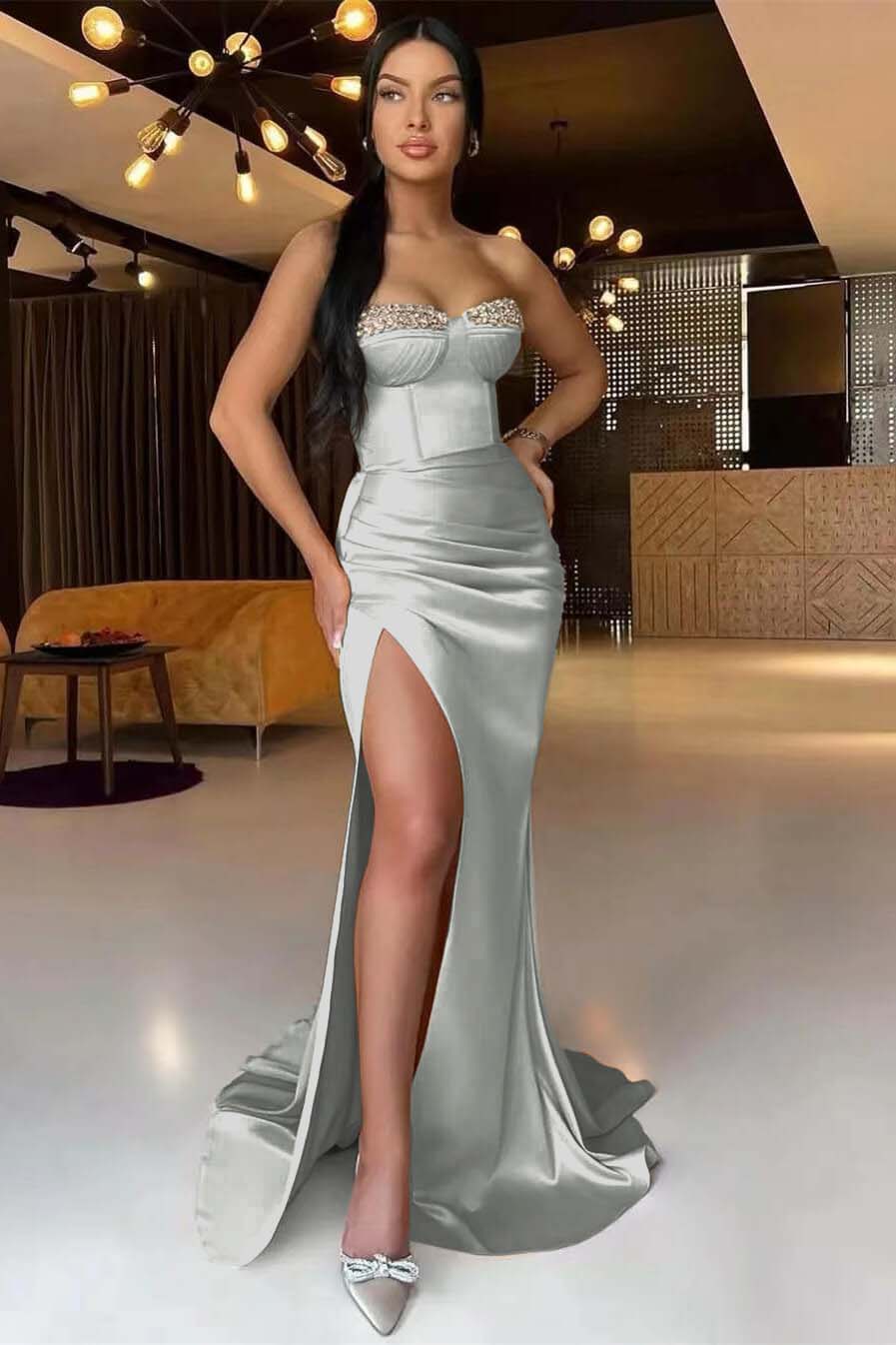 Gorgeous Dark Champagne Strapless Mermaid Long Prom Dress Split With Pleated Ruffles Beads