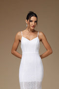 White Prom Dress Spaghetti Strap V Neck Long Sleeveless Mermaid