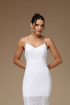 White Prom Dress Spaghetti Strap V Neck Long Sleeveless Mermaid