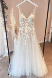 Sweetheart Spaghetti Strap A-Line Tulle Wedding Dress with Lace Appliques BM bride