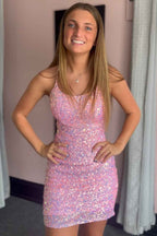 Sparkly Fuchsia Sleeveless Sequin Tight Short Homecoming Dress