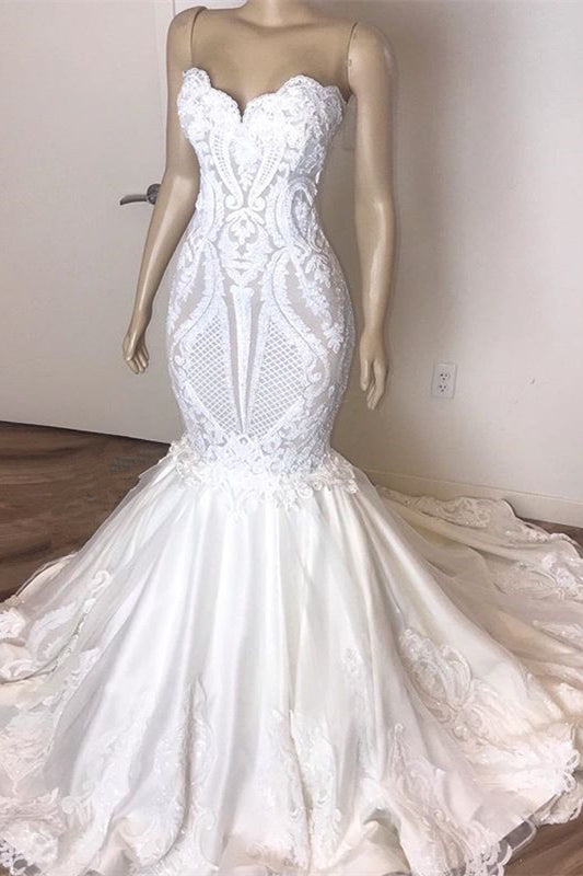 Sweetheart Long Mermaid Wedding Dress with Lace Appliques BM bride
