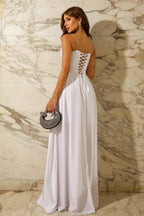 Spaghetti Strap Sleeveless Split Long Prom Dress With Ruffles