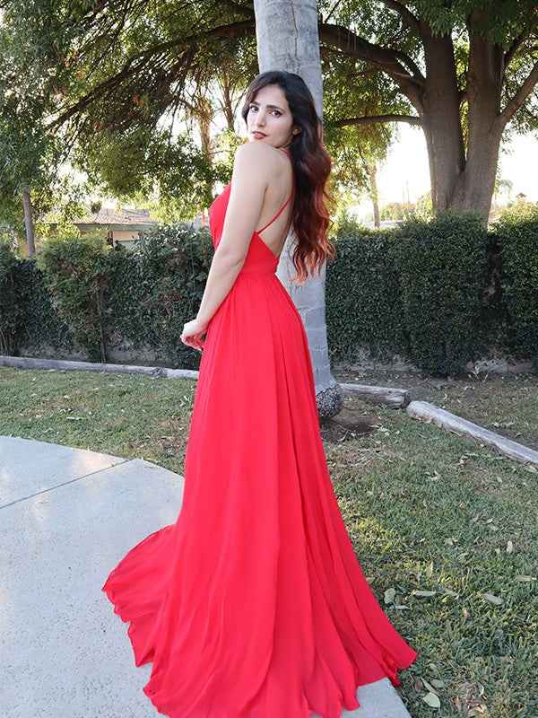 Red Halter Modern V Neck Sleeveless Backless Long Prom Dress