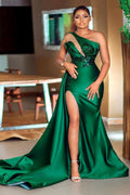 Green One-Shoulder Sequins Mermaid Prom Dress with Split BM bride