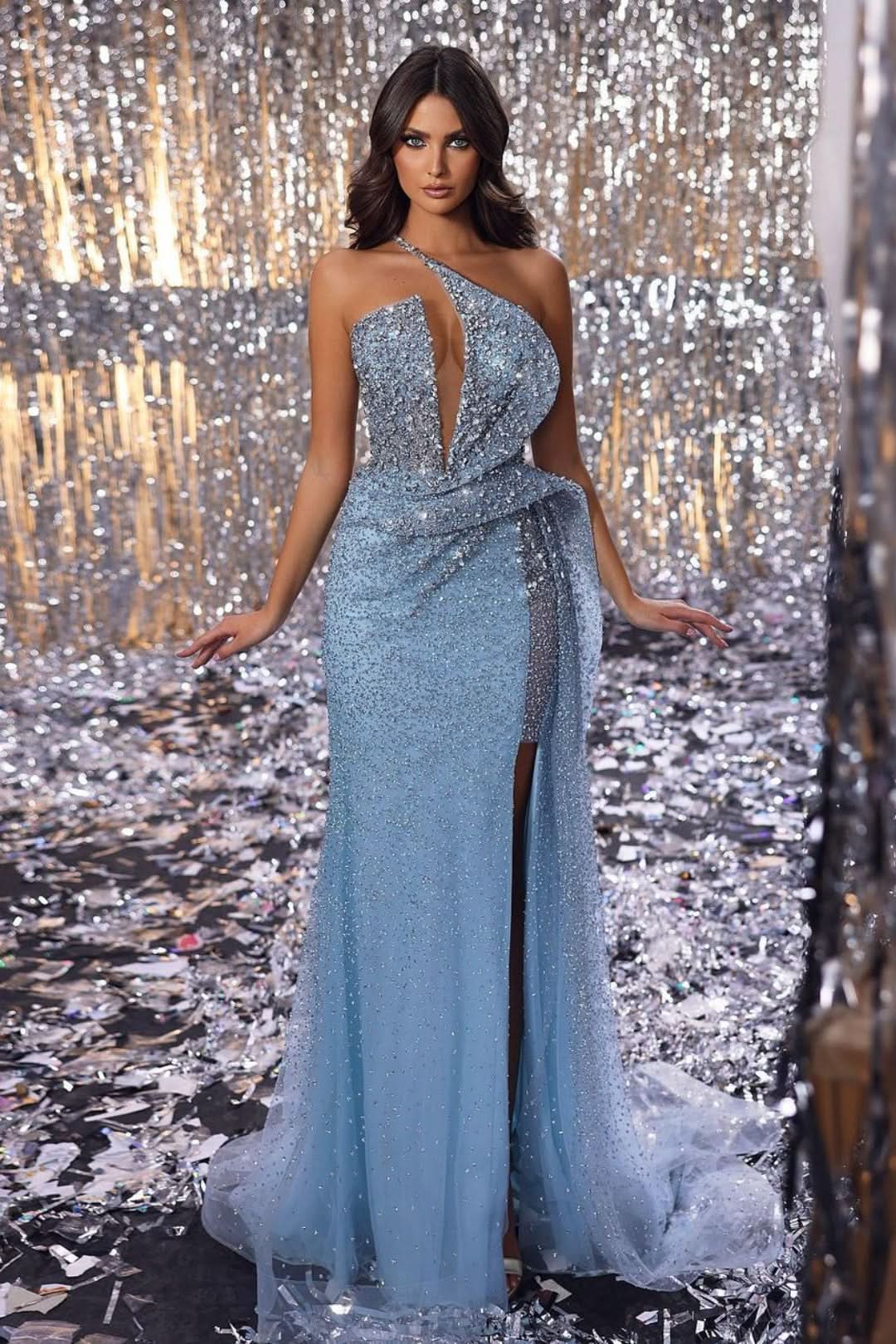 Baby Blue Sequins Sleeveless Prom Dress with High Slit Tulle BM bride
