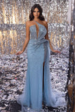 Baby Blue Sequins Sleeveless Prom Dress with High Slit Tulle BM bride