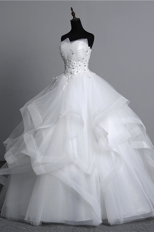 Long Ball Gown Strapless Tulle Layered Wedding Dress with Beaded Appliques BM bride