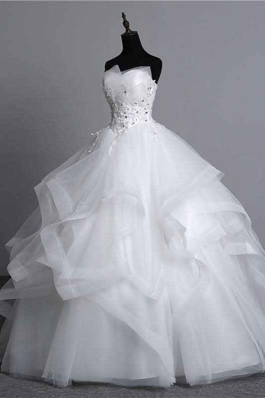 Long Ball Gown Strapless Tulle Layered Wedding Dress with Beaded Appliques BM bride