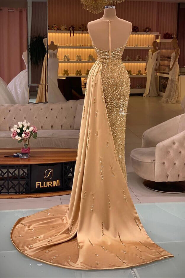 Stunning Gold Mermaid Evening Dress with Sweetheart Neckline and Rhinestone Ruffle BM bride