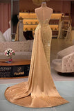 Stunning Gold Mermaid Evening Dress with Sweetheart Neckline and Rhinestone Ruffle BM bride