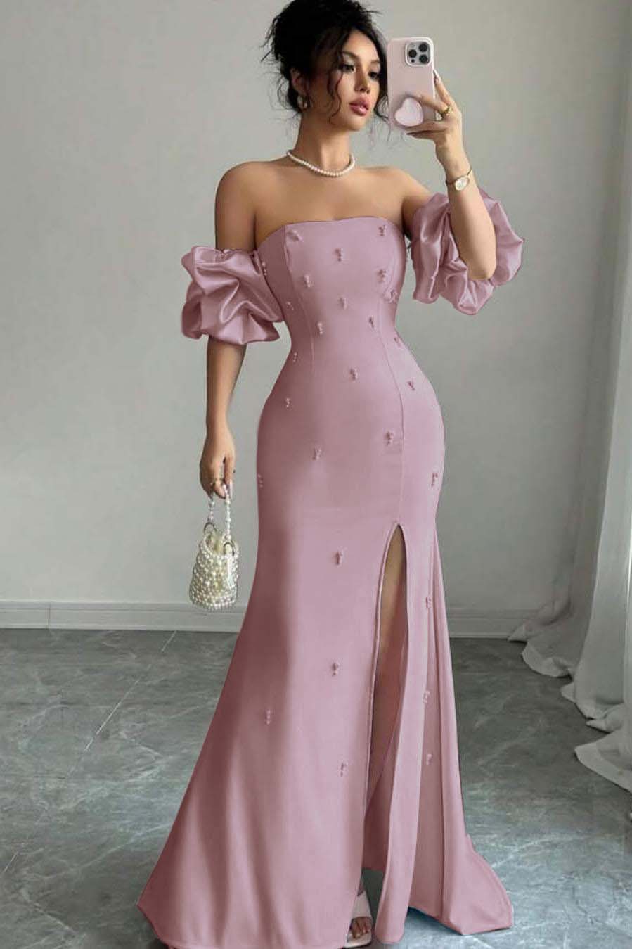 Strapless Bubble Sleeves Long Split Prom Dress With Beading BMBRIDE