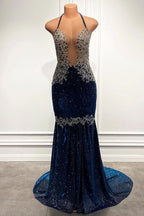 Blue Sequined Spaghetti-Straps Mermaid Long Prom Dress BM bride