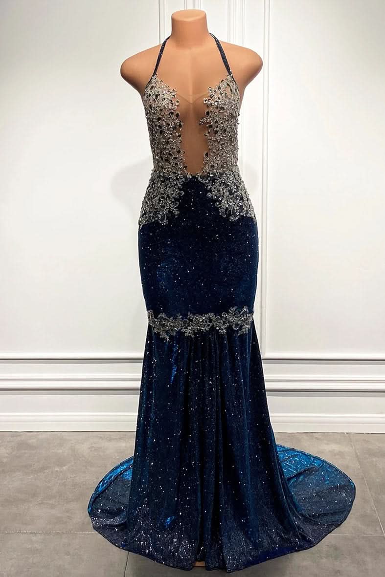 Blue Sequined Spaghetti-Straps Mermaid Long Prom Dress BM bride