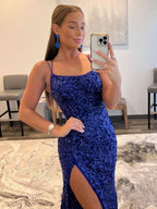 Gorgeous Mermaid V Neck Glitter Jersey Long Prom Dress with a Stylish Slit BM bride