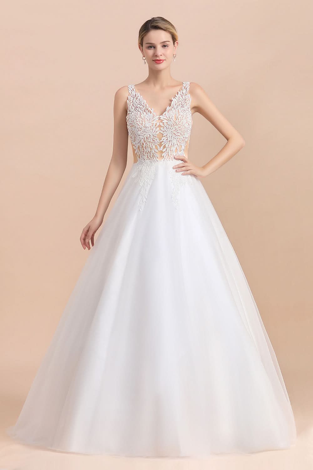 Beach Wedding Dress with A-line Straps Tulle Appliques and V-Neck Lace BMbride