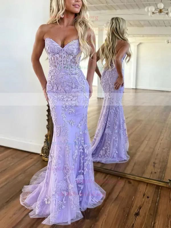 Baby Blue V-Neck Backless Mermaid Tulle Prom Dress with Lace Printing BM bride