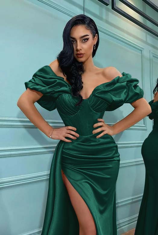 Pink Mermaid Off the Shoulder Sweetheart High Split Prom Dress With Pleated BMBRIDE