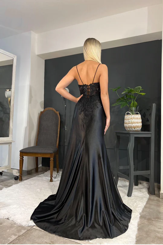 Black Lace Printed Long Prom Dress with High Slit BM bride