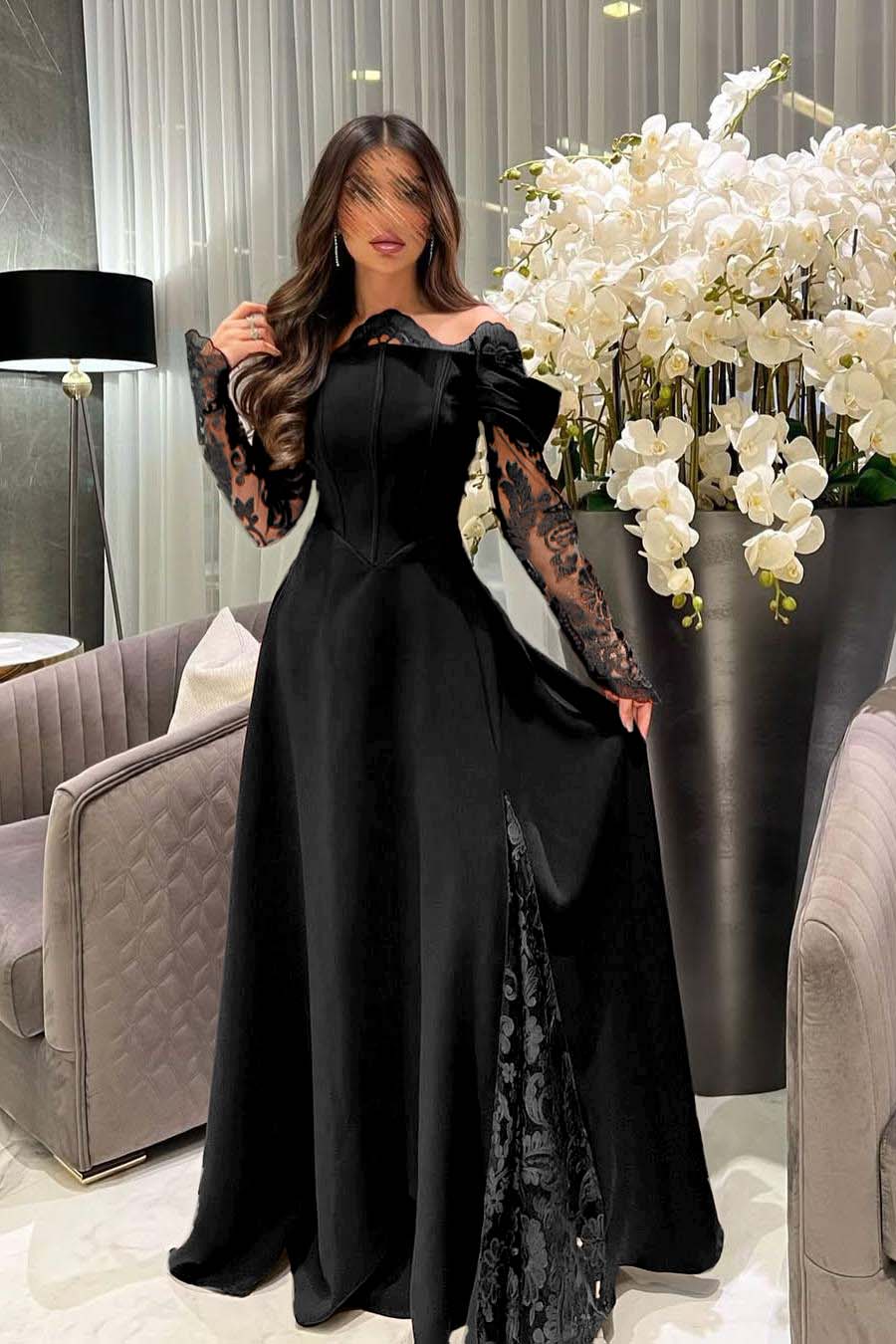 White Off the Shoulder Long Sleeves Long Prom Dress With Appliques BMBRIDE