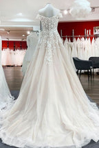 Gorgeous Off-the-shoulder A-line Wedding Dress With Lace Tulle Ruffles BM bride