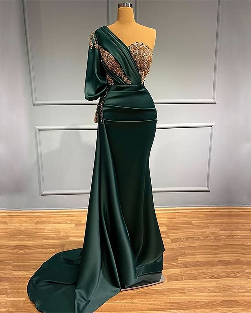 Dark Green One-Shoulder Beaded Mermaid Prom Dress with Appliques BM bride