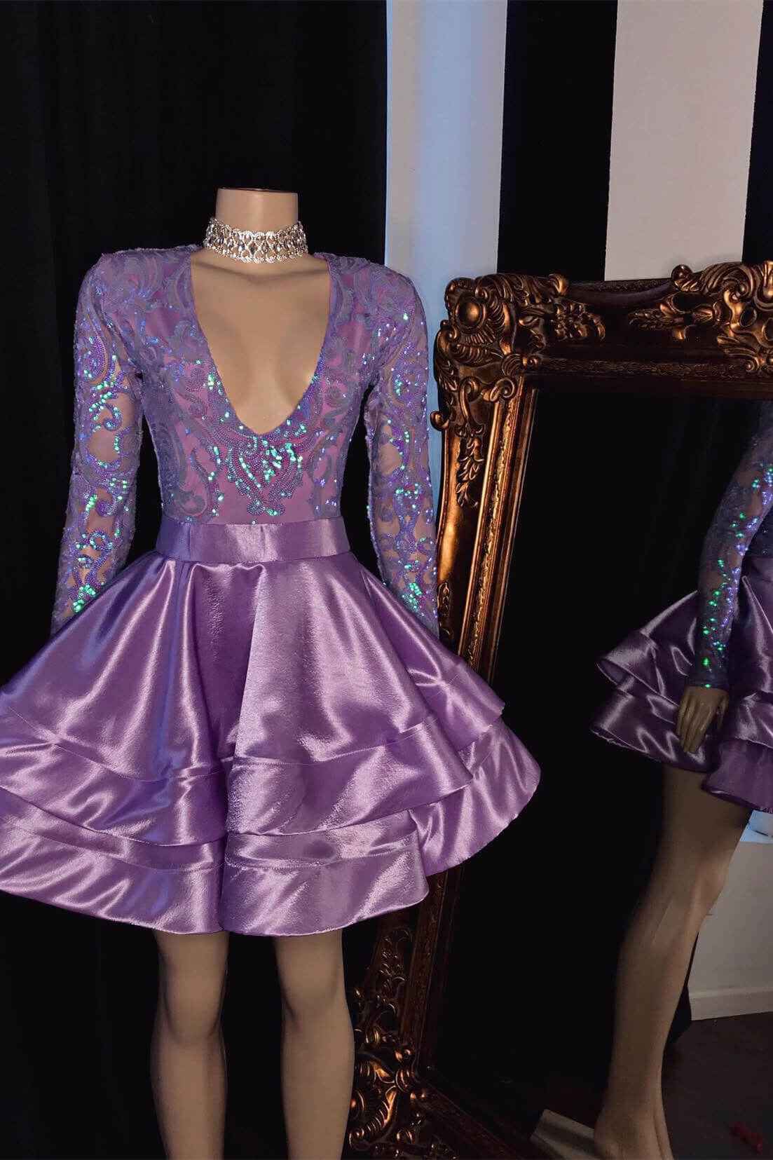 Short Prom Dress Purple Long Sleeves With V Neck Appliques