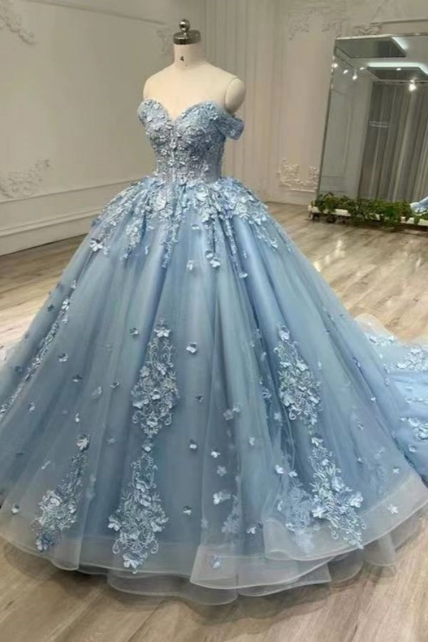 Elegant Blue Applique Tulle Strapless Evening Ball Gown BM bride