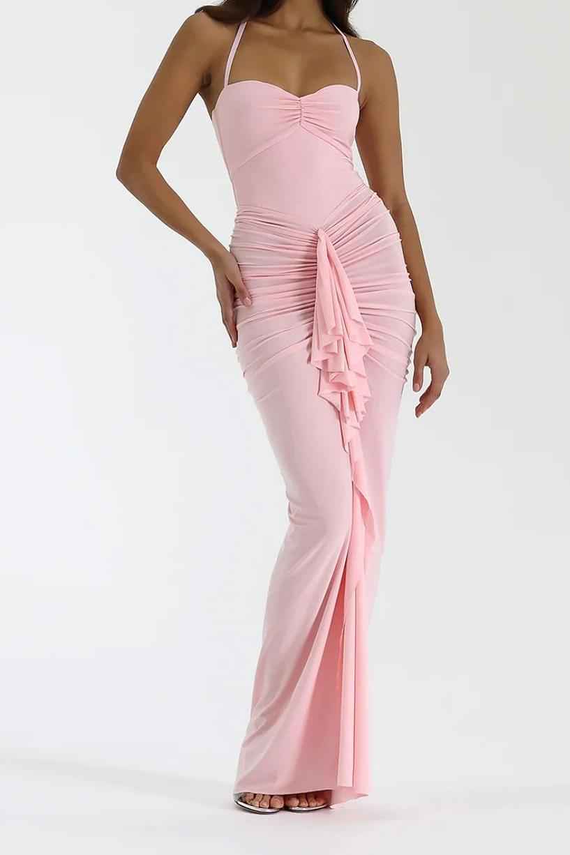 Pink Halter Sweetheart Sleeveless Pleated Long Prom Dress With Ruffles