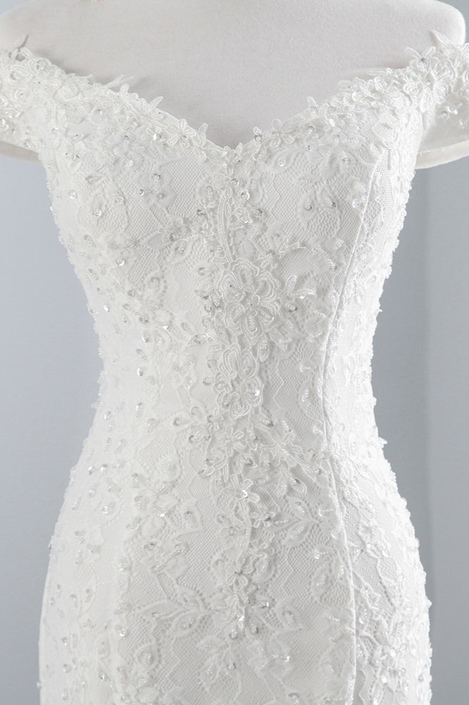 Off-the-Shoulder Long Mermaid Wedding Dress with Lace BM bride