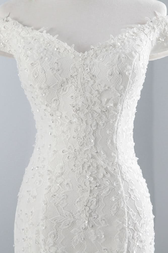 Off-the-Shoulder Long Mermaid Wedding Dress with Lace BM bride