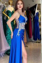 Gorgeous Royal Blue Spaghetti Strap Sleeveless Mermaid Long Split Prom Dress With Beading
