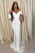 Chic White One Shoulder Off-the-Shoulder Evening Prom Dress with Pleats BM bride