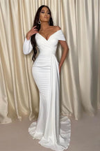 Chic White One Shoulder Off-the-Shoulder Evening Prom Dress with Pleats BM bride