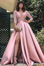 Glamorous Deep V-Neck Satin Long Prom Dress with Split and Lace BM bride
