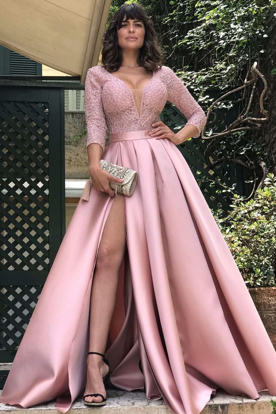 Glamorous Deep V-Neck Satin Long Prom Dress with Split and Lace BM bride