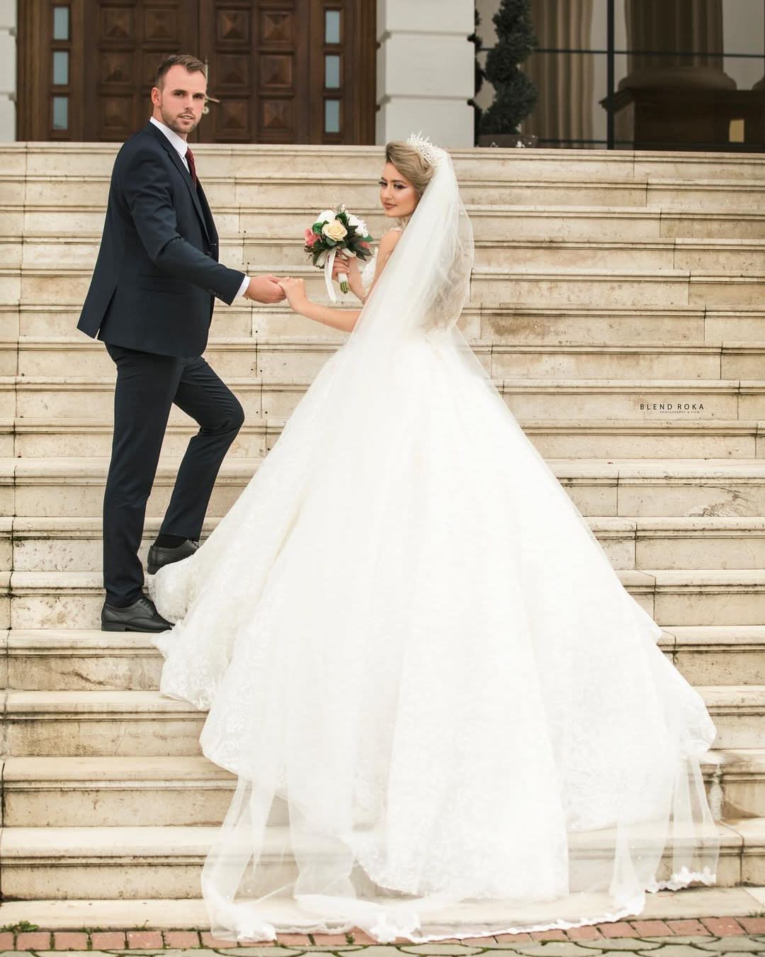 Long Princess V-Neck Wedding Dress with Tulle Lace BM bride