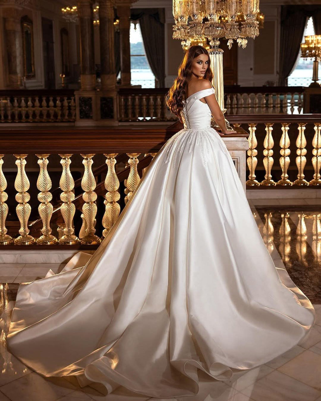 A-Line Off-the-Shoulder Sweetheart Backless Satin Wedding Dress with Ruffles and Appliques BM bride