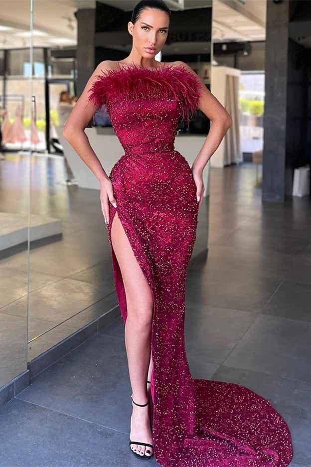 Beadings Sleeveless Mermaid Burgundy Split Long Prom Dress With Feathers