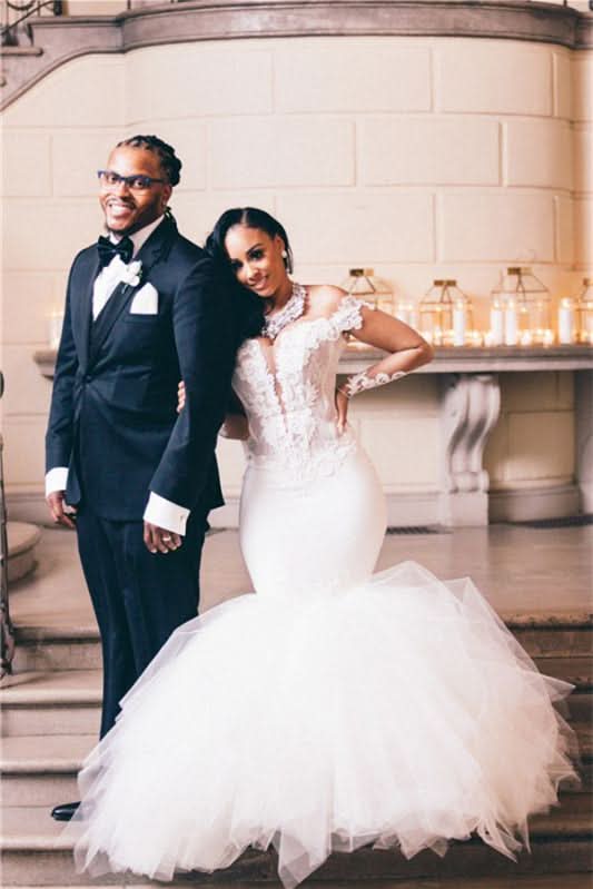 Chic Off-the-Shoulder Long Sleeve Tulle Mermaid Wedding Dress with Appliques BM bride