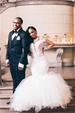 Chic Off-the-Shoulder Long Sleeve Tulle Mermaid Wedding Dress with Appliques BM bride