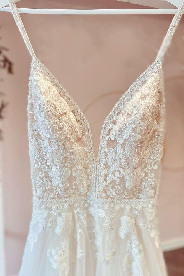 Modest V-Neck Long A-Line Tulle Wedding Dress with Spaghetti Straps and Lace Appliques BM bride
