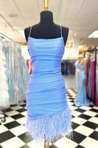 Glitter Fuchsia Feathered Tight Short Homecoming Dress